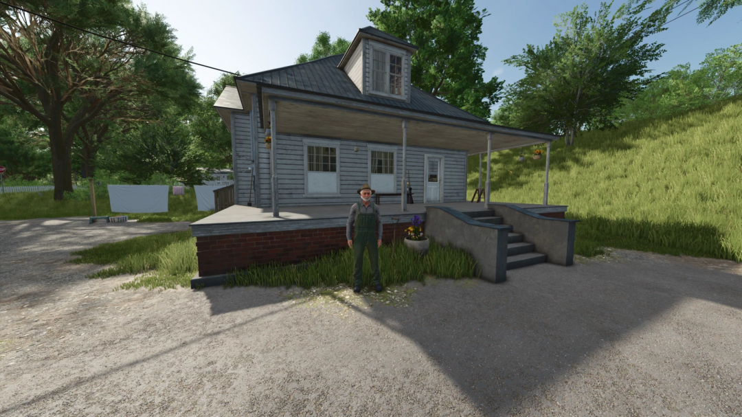 FS25 mod Riverbend Springs Edit V1.1.0.0 featuring a farmer in front of a rustic house in a lush landscape.