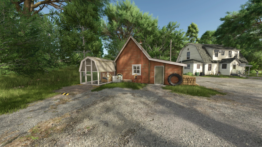 FS25 Riverbend Springs Edit V1.1.0.0 mod, featuring a rustic red shed and farmhouse surrounded by lush trees.