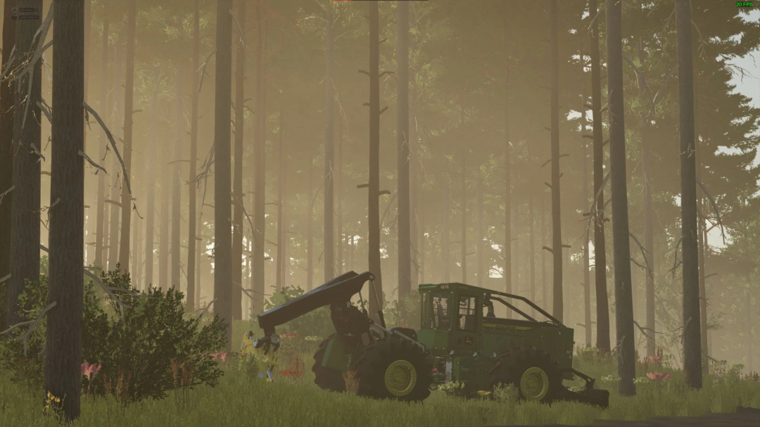 FS25 mod Riverbend Springs Forestry Edition showing forestry equipment in a dense forest.