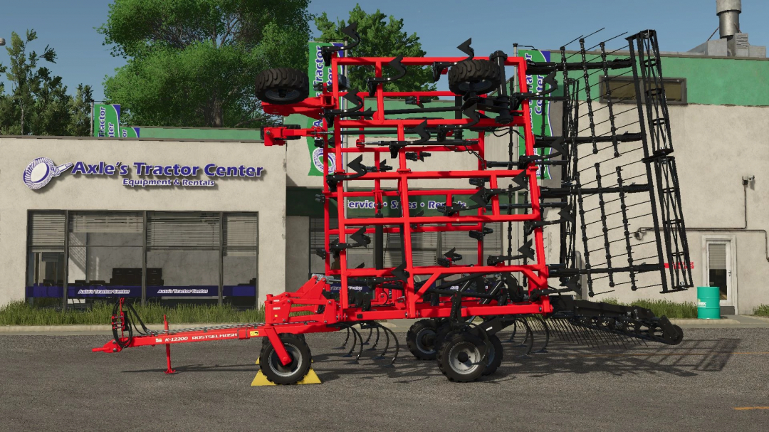 Rostelmash K12200 farming equipment outside Axle's Tractor Center in FS25 mod.