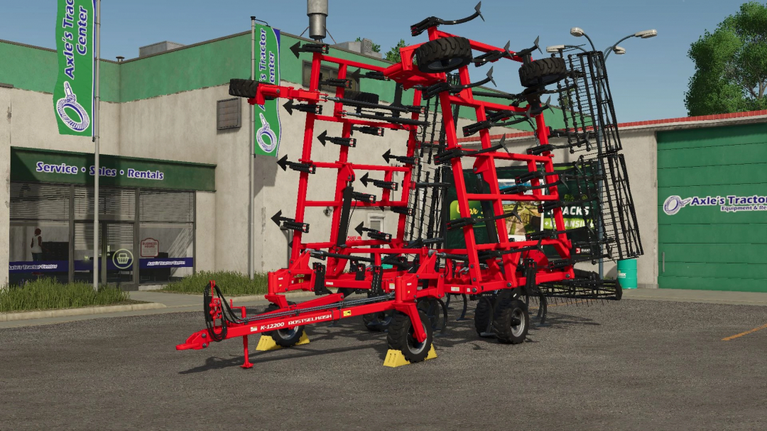 FS25 mod Rostelmash K12200 cultivator parked outside Axle's Tractor Center.