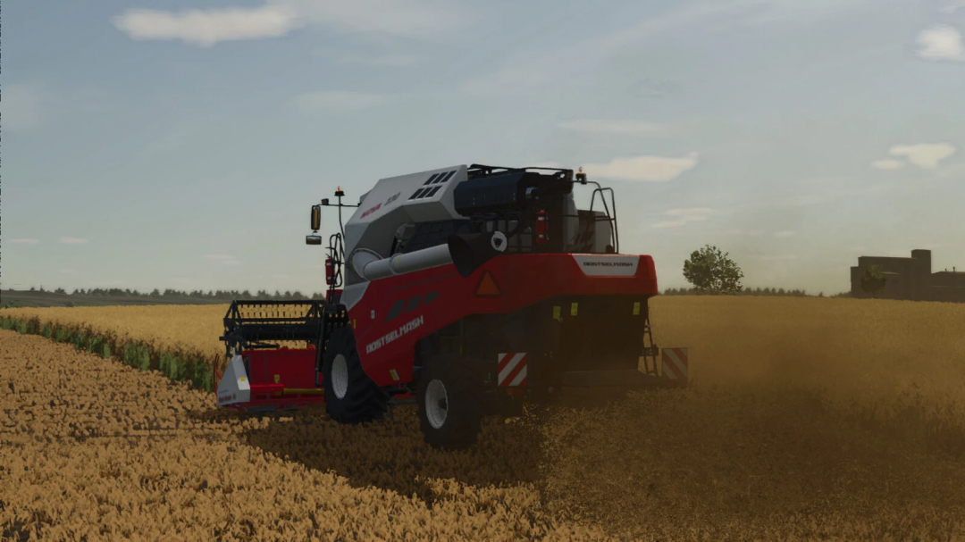 Rostselmash Nova 330 harvesting wheat in FS25 mod with a clear sky background.