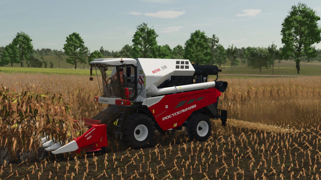 Rostselmash Nova 330 harvester in FS25 mod, working in a field.