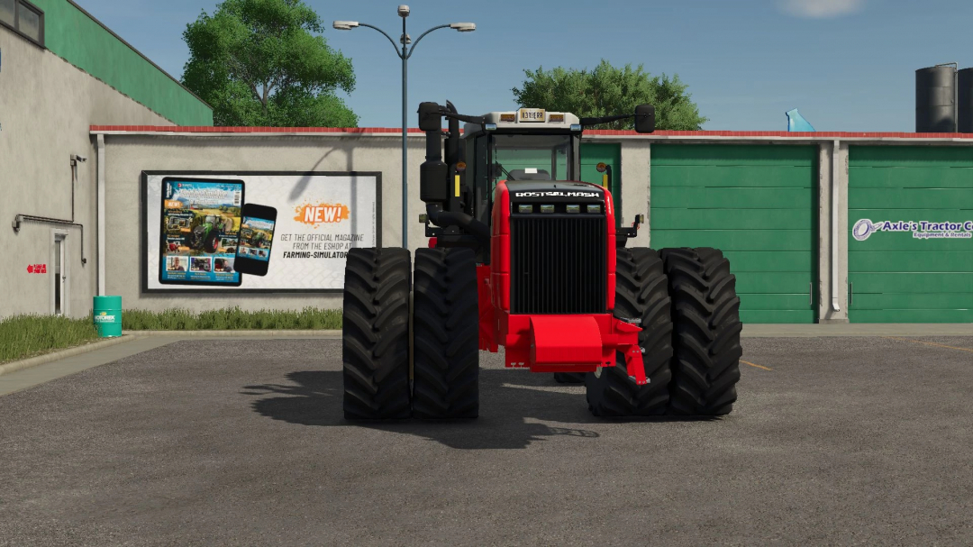 The Rostselmash RSM 2375 tractor mod for Farming Simulator 25 is parked in front of a garage with colorful advertisements.