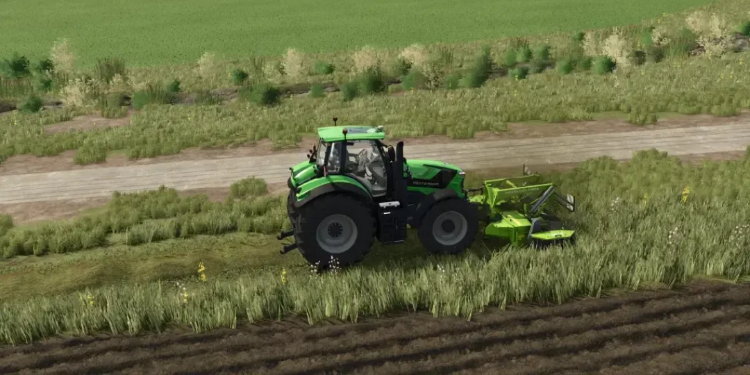 FS25 mod: Samasz KDF 341S Individual mower in action on a green field.