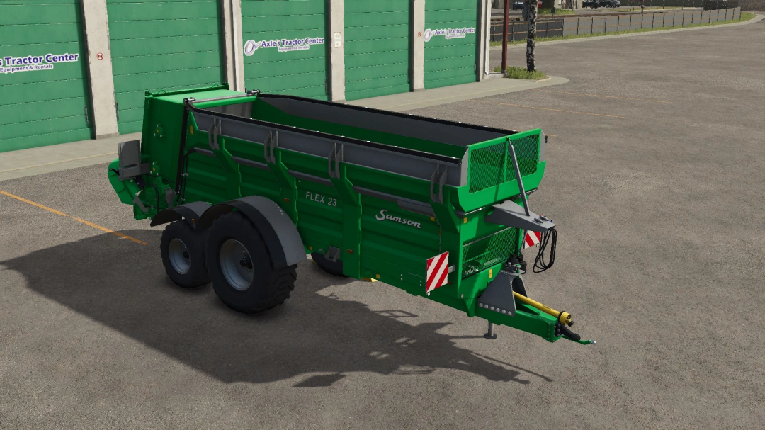 Samson Flex 23 mod for FS25 displayed in a parking lot, showcasing a green agricultural trailer.