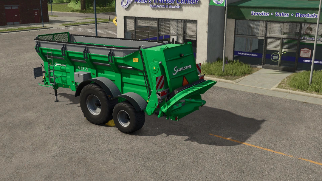 Samson Flex 23 mod for FS25, green trailer parked in front of Axle's Tractor Center.