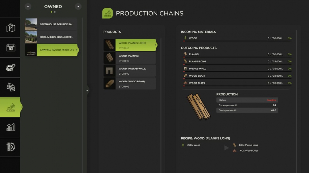 FS25 mod screen showing Sawmill LT15 with PrefabWall details, production chains, and material management.