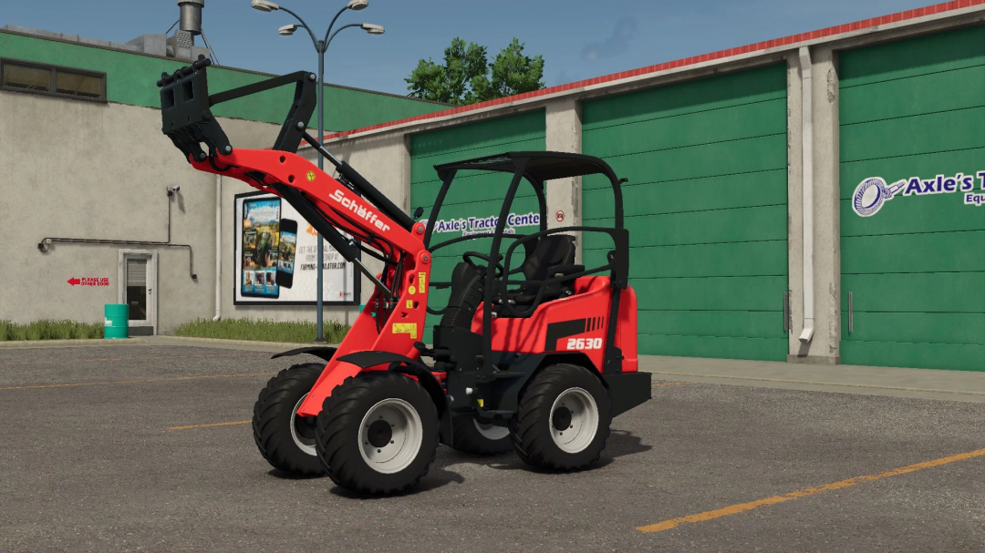 Schäffer 2630 mod for Farming Simulator 25 displayed outside a building. FS25 mods enhance gameplay.