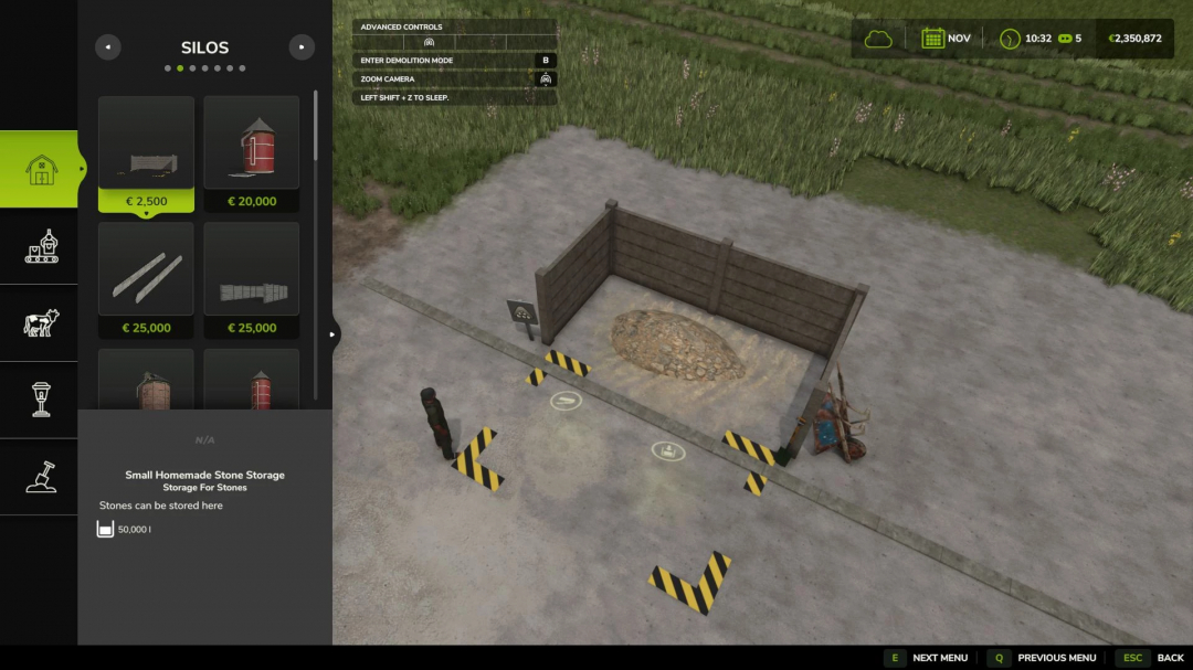 Screenshot of Small Handmade Stone Silo mod in Farming Simulator 25, showing stone storage facility and mod options.