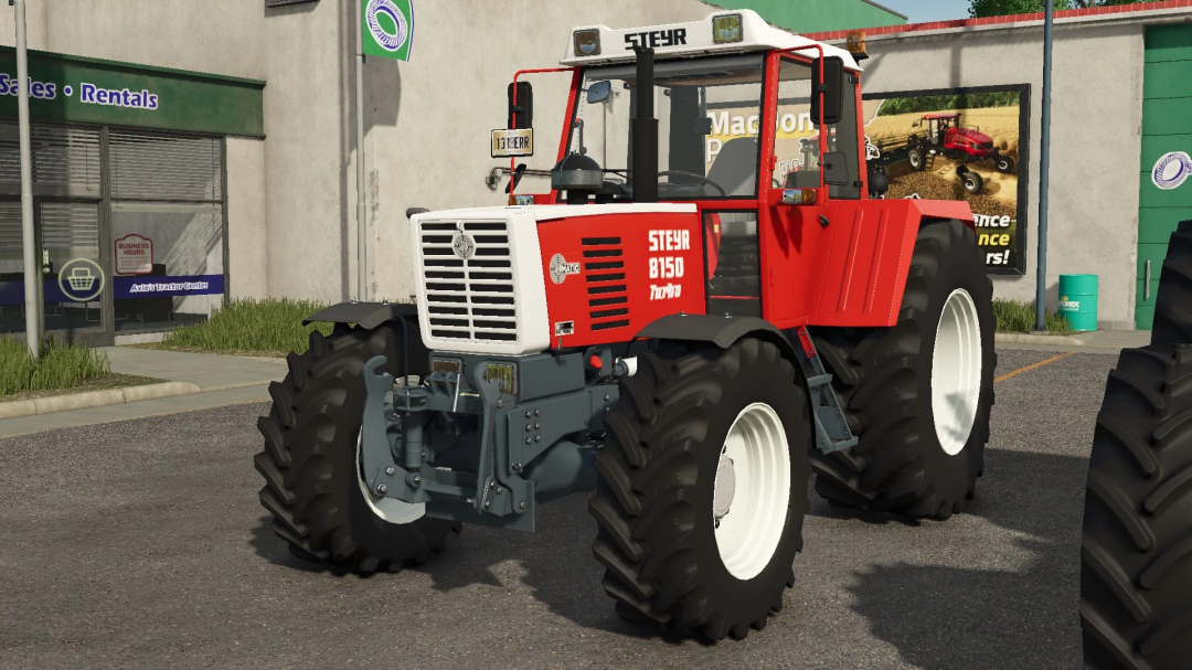 Steyr 8150 Series tractor mod for FS25, showcasing its design in front of a rental center.