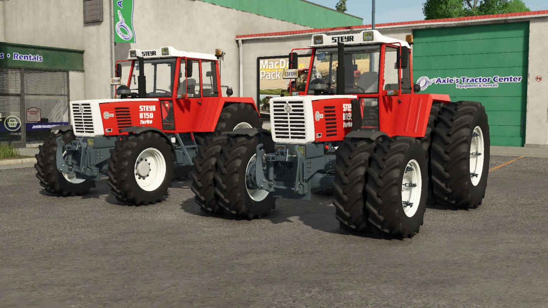 Two Steyr 8150 tractors in FS25 mod, parked outside Axle's Tractor Center.