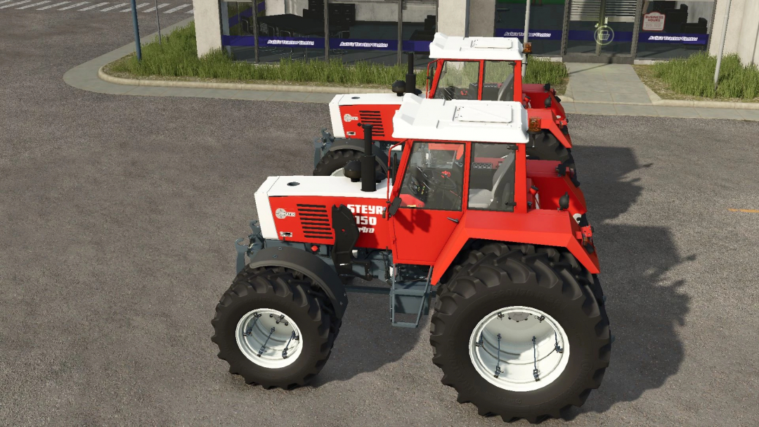 Steyr 8150 Series tractors parked in Farming Simulator 25 mod. FS25 mod featuring detailed machinery.