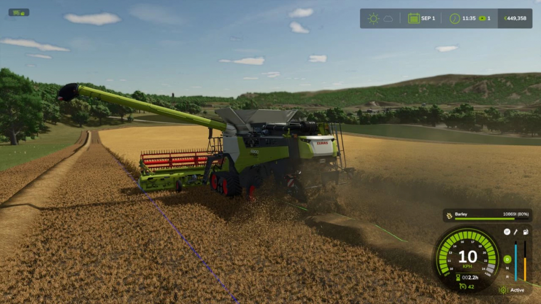 FS25 mod showing combine harvester in a barley field with HUD display, using Stop Full Combine v1.1.0.0.