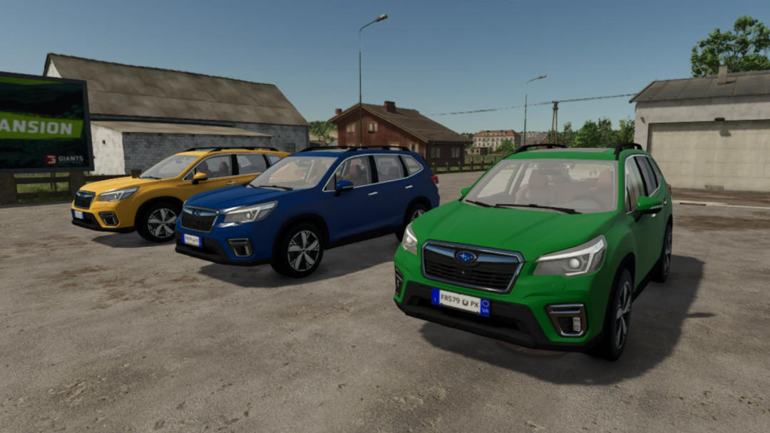 FS25 Subaru Forester mod v1.0.0.0 featuring green, blue, and yellow SUVs in Farming Simulator 25.