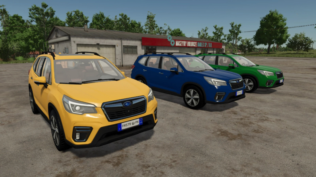 Three Subaru Forester vehicles in yellow, blue, and green in FS25 mod scene.