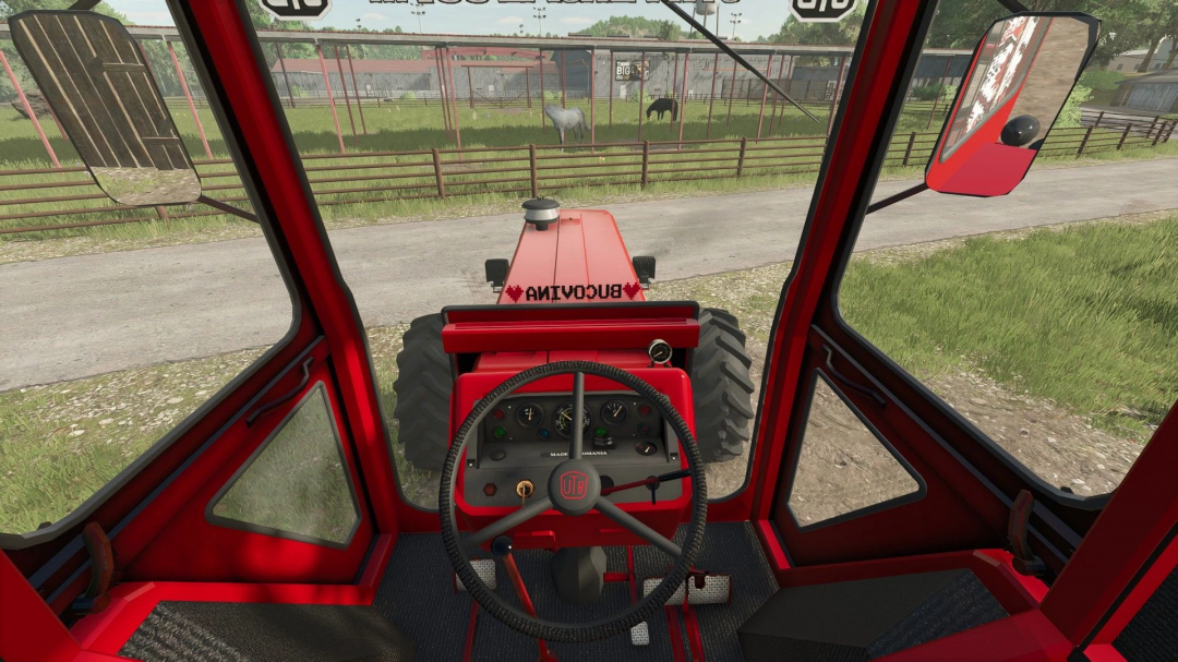 Interior view of UTB 651 MDT in FS25 mod, showing steering wheel and dashboard with farm in the background.