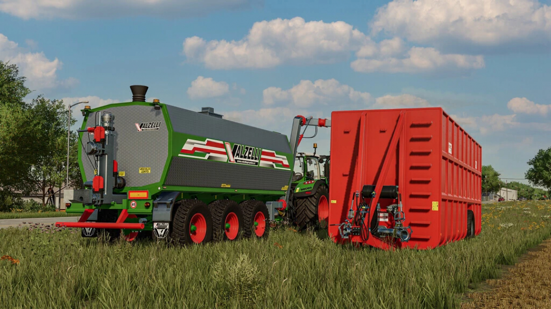 Valzelli Cubex v2.0.0.0 mod in FS22, featuring a tractor pulling a large red agricultural attachment through a field.