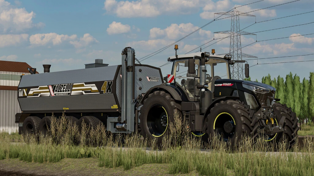 Valzelli Cubex v2.0.0.0 mod for FS22 in a grassy field, featuring a large tractor with a Valzelli 4X trailer under a blue sky.