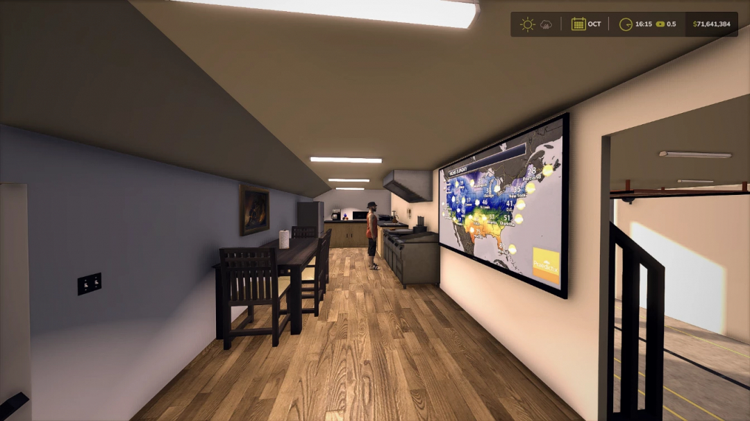 Interior view of Volunteer Fire Station mod in FS25, showing a kitchen and dining area with a weather map on the wall.