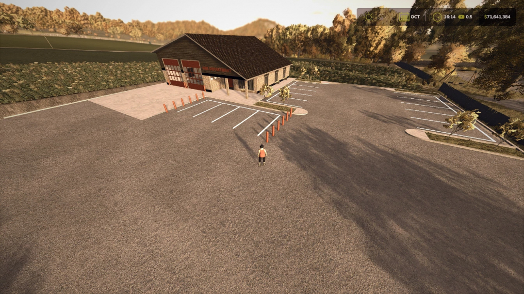 FS25 Volunteer Fire Station mod with parking lot and scenic backdrop.