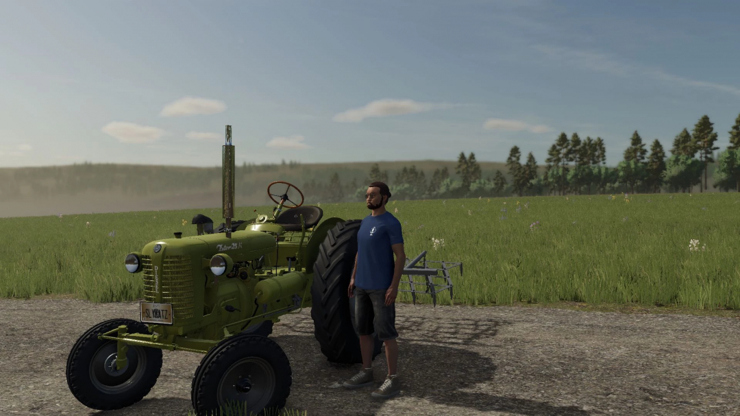 A player stands beside a green Zetor 25K tractor mod in Farming Simulator 25, set against a scenic countryside.