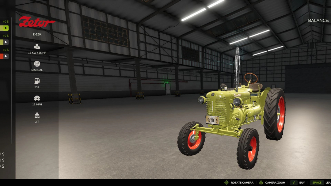 FS25 mods: Zetor 25K V1.0.0.1 tractor in Farming Simulator 25, displayed in a shed with specs on the left.