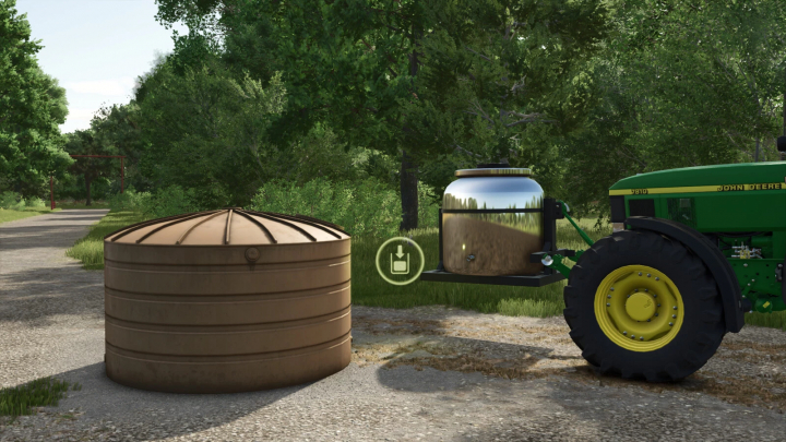 fs25-mods, FS25 mods: Tractor with 3 Point Tank Water/Milk v1.0.0.0 near a water tank in Farming Simulator 25.