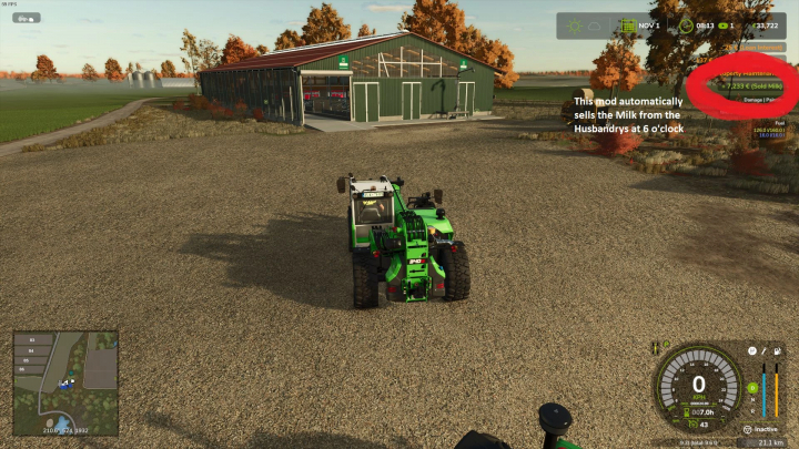 fs25-mods, FS25 mod Automatic Milk Sale v1.0.0.0 shows a farm tractor near a barn with a feature to sell milk automatically at 6 o'clock.