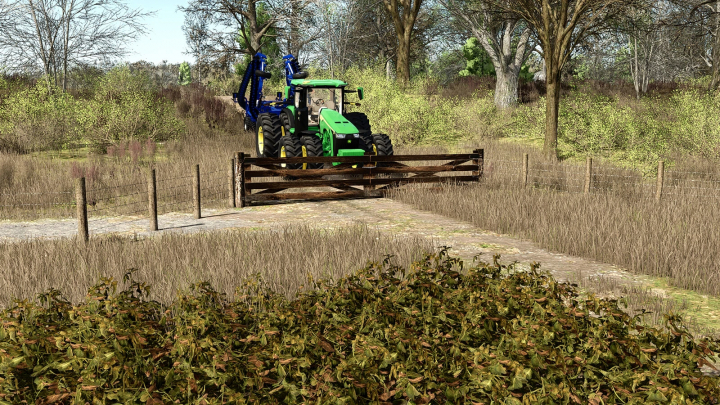 fs25-mods,  FS25 mod features a tractor and barbed wire fence with wooden gate in a farm scene. Farming Simulator 25 mods showcase detailed landscapes.