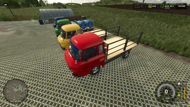 fs25-mods,  FS25 Barkas Multiservice v2.0.0.0 mod showcasing colorful service trucks in a row on a farm.