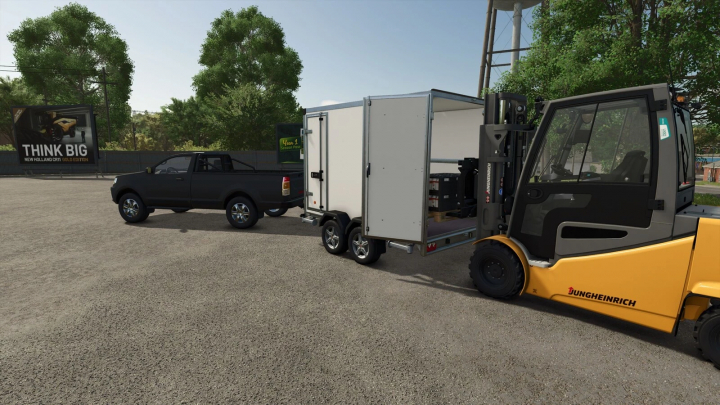 fs25-mods,  FS25 Boeckmann Trailer Pack mod featuring a pickup truck and forklift loading a trailer.