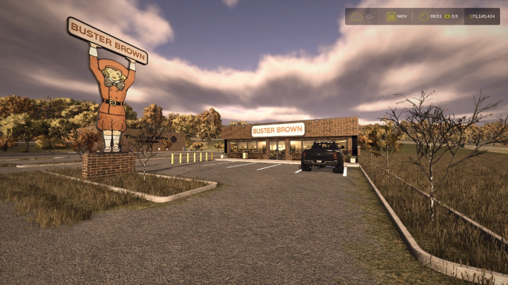 fs25-mods,  FS25 mod Buster Brown Shoe Store v1.0.0.1. A store with a large sign and parked truck in Farming Simulator 25.