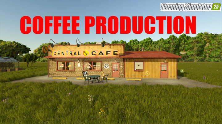 fs25-mods, FS25 mod Coffee Production showcases a rustic Central Cafe in a grassy field for Farming Simulator 25.