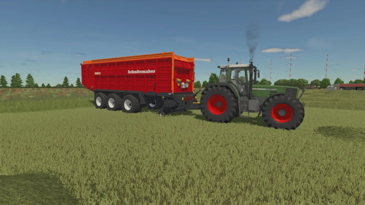 fs25-mods, CSS Schuitemaker Rapide 8400W FS25 mod showing a trailer attached to a tractor on a farm field.