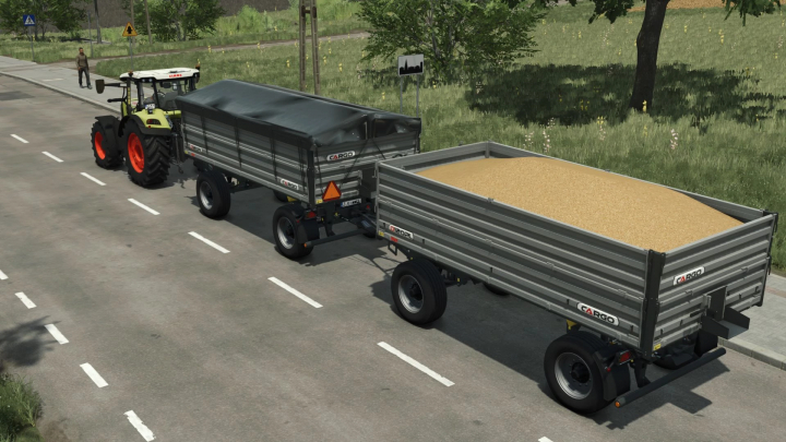 fs25-mods,  FS25 mod: Cargo D120 PL v1.0.0.0 featuring a tractor pulling two cargo trailers, one covered, on a rural road.