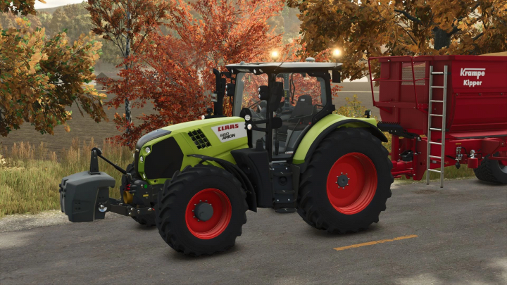 fs25-mods,  Claas Arion 600 tractor with Claas FL 140 in FS25 mod, autumn scene with red foliage.