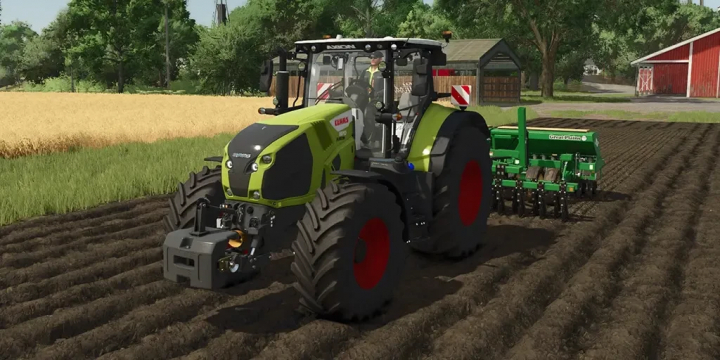 fs25-mods,  Claas Axion 800 tractor mod in FS25 tilling field with planter attachment.