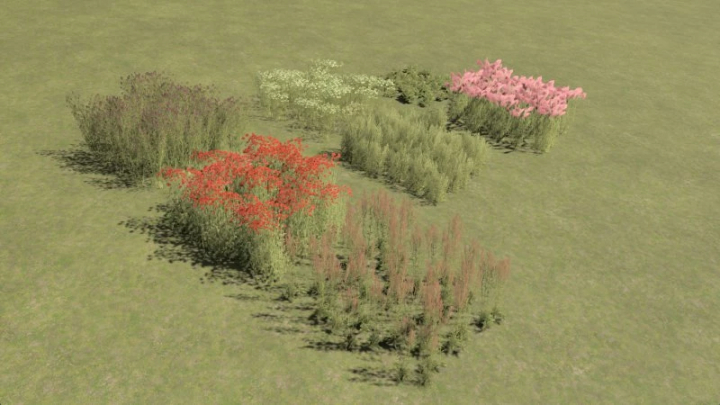 fs25-mods,  Various foliage types for Deco Foliage US mod in Farming Simulator 25, depicting diverse bushes and plants.