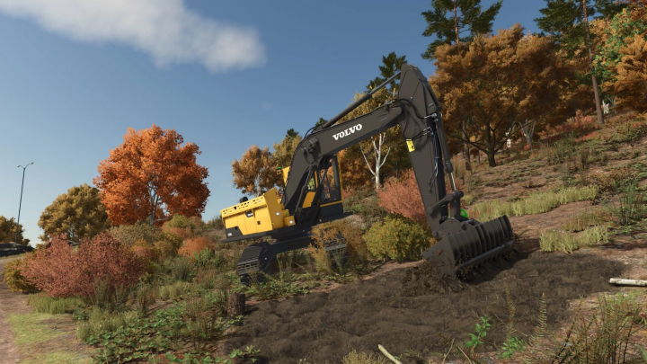 fs25-mods,  Excavator Tool Pack mod in FS25 digging soil in an autumn forest setting.