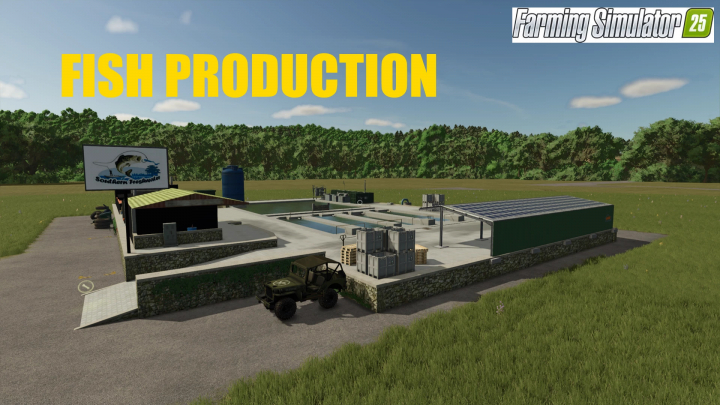 fs25-mods,  FS25 mod Fish Production facility with vehicles and storage, set in a lush green environment.