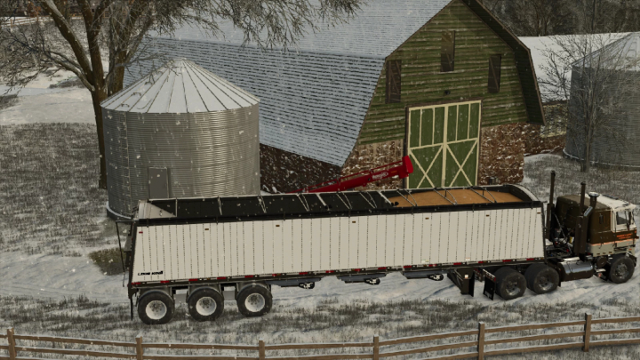 fs25-mods,  FS25 mod showing a truck and grain bins in a snowy farm setting. FS25 24' & 27' Grain bins v1.0.0.0.