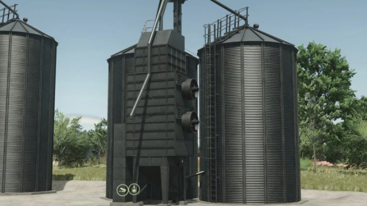 fs25-mods,  Old silo bins mod for Farming Simulator 25, featuring three large cylindrical storage units in a rural setting. FS25 mods.