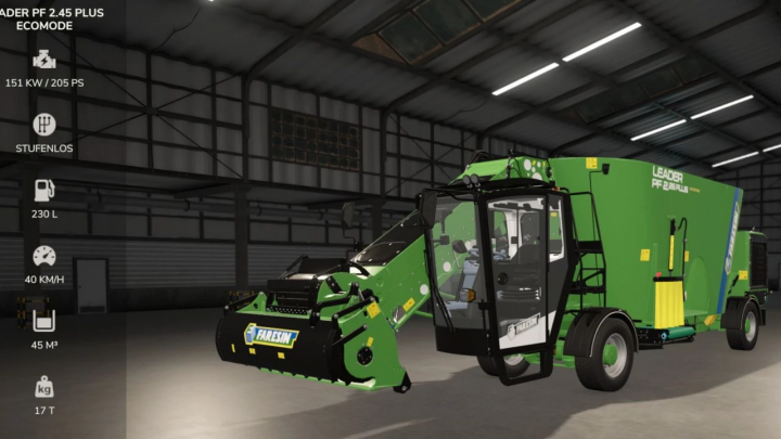 fs25-mods, Faresin Leader PF 2.45 Plus Ecomode mod in FS25, a green forage mixer in a warehouse setting.