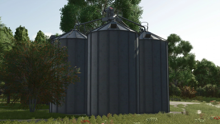 fs25-mods, Farma800 Farmsilo MultiFruit in FS25 mod, featuring large silos surrounded by trees.