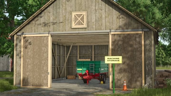 fs25-mods, FS25 mod image showing a barn with 'Machine Storage' sign and farming equipment inside. Farming Simulator 25 mod.