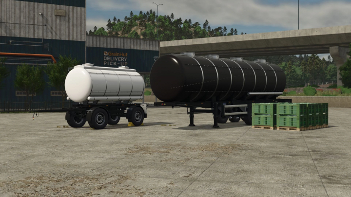 fs25-mods,  FS25 Fed Mod Pack v1.2.0.1 featuring white and black tank trailers at a GrainHut delivery area.