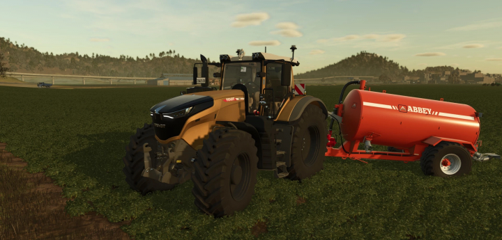 fs25-mods,  Fendt Vario 1000 tractor mod with red Abbey tank trailer in FS25 field.