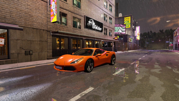 fs25-mods,  FS25 mod: Ferrari 488 GTB v1.0.0.0 in a rainy urban street scene.