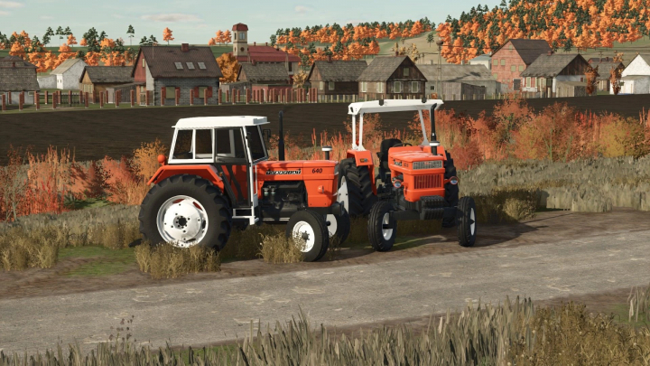 fs25-mods,  Fiat 640 tractor mod in Farming Simulator 25, set in an autumnal rural landscape, showcasing FS25 mods.